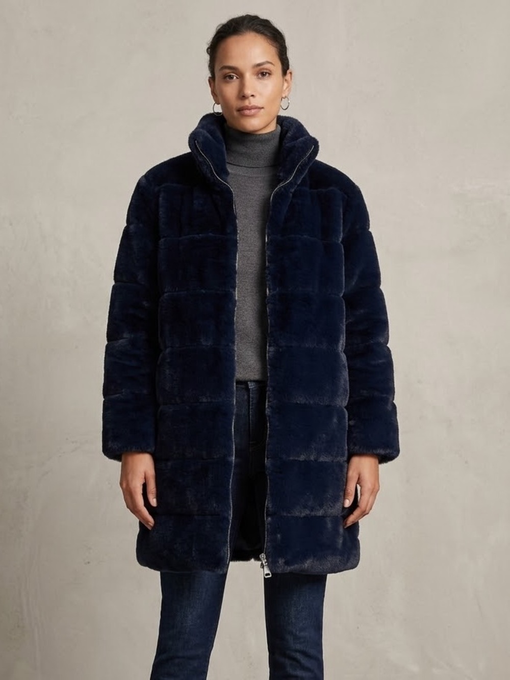 Free Haven Tiered Faux Fur Mid-Length Coat in Navy Blue